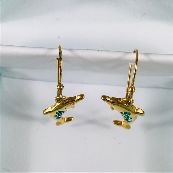 Gold Toned Dolphin Blue Stone Dangle Earrings - Picture 9 of 10